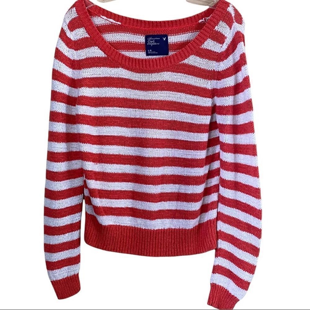 American Eagle Orange Striped Crew Neck Sweater